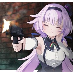 Rule 34 | .live, 1girl, blush, breasts, carro pino, commentary request, detached sleeves, drias, closed eyes, firing at viewer, gun, handgun, headband, long hair, pistol, purple hair, sleeveless, small breasts, smile, solo, virtual youtuber, wall, weapon