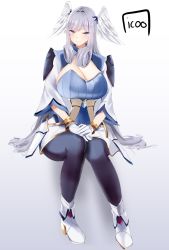 Rule 34 | 1girl, alternate breast size, black pants, blue eyes, breasts, closed mouth, cowboy shot, curly hair, dress, gloves, grey hair, head wings, highres, holding, icoo, juliet sleeves, large breasts, long hair, long sleeves, looking at viewer, melia antiqua, o-ring, pants, pants under dress, puffy sleeves, short dress, short sleeves, solo, spoilers, white dress, white gloves, wings, xenoblade chronicles (series), xenoblade chronicles 3