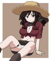 Rule 34 | 1girl, belle (girls und panzer), black scarf, boots, breasts, brown eyes, brown footwear, brown hair, cleavage, commentary request, cow girl, feet out of frame, girls und panzer, gloves, hat, highres, ichinose jun, large breasts, looking at viewer, midriff, miniskirt, navel, panties, pantyshot, scarf, sitting, skirt, solo, straw hat, tsurime, underwear, white gloves