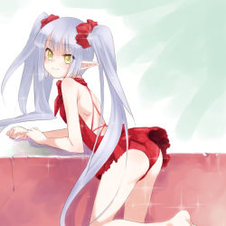 Rule 34 | 1girl, :&gt;, ass, female focus, glitter, gradient background, green eyes, kneeling, leotard, long hair, looking at viewer, pointy ears, smile, solo, syrup (zettai bouei leviathan), takano natsuki, twintails, white background, white hair, zettai bouei leviathan