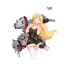 Rule 34 | 1girl, absurdres, aircraft catapult, bad id, bad pixiv id, bare shoulders, black dress, blonde hair, blush, breasts, cleavage, closed eyes, crane (machine), crest, cropped legs, dress, earrings, garter straps, hand on own chest, highres, innertube, jewelry, kantai collection, lace, lace-trimmed legwear, lace trim, ladder, large breasts, long hair, original, rigging, smile, solo, sparkle, stacking mann, star (symbol), star earrings, swim ring, thighhighs, turret, uss alabama (bb-60), vought os2u kingfisher, white background, white thighhighs