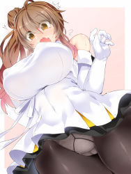 Rule 34 | 1girl, blush, breasts, brown eyes, brown hair, commentary request, from below, gloves, hisui (stapspats), large breasts, long hair, open mouth, outside border, panties, satou sasara, side ponytail, thighhighs, underwear, voiceroid, white gloves, white panties