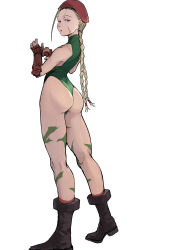 Rule 34 | 1girl, ass, bare legs, bare shoulders, boots, braid, cammy white, curvy, fingerless gloves, from behind, full body, gloves, green leotard, grey eyes, highleg, highleg leotard, leotard, long hair, looking at viewer, manmanmandesu, open mouth, red beret, red gloves, scar, scar on face, shiny skin, simple background, solo, standing, street fighter, thighs, thong leotard, twin braids, white background, wide hips