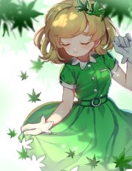 Rule 34 | 1girl, aki shizuha, alternate color, belt, blonde hair, blurry, blurry foreground, breasts, cowboy shot, day, dress, flower, gloves, green dress, hair flower, hair ornament, hand up, highres, leaf, light particles, maple leaf, satomachi, short hair, short sleeves, small breasts, smile, solo, summer, touhou, tree shade, white gloves