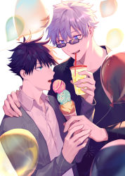 Rule 34 | 2boys, balloon, black hair, black shirt, blouse, blue eyes, cardigan, collared shirt, commentary request, cup, disposable cup, drink, drinking straw, food, fushiguro megumi, gojou satoru, green eyes, grey cardigan, hair between eyes, holding, holding cup, ice cream, ice cream cone, jujutsu kaisen, long sleeves, looking at another, male focus, multiple boys, open mouth, shared food, shirt, short hair, spiked hair, sunglasses, triple scoop, white hair, white shirt, wuzhiang liufu