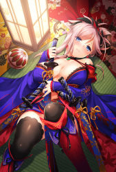 Rule 34 | 1girl, asymmetrical hair, bare shoulders, black thighhighs, blue kimono, blush, breasts, cleavage, closed mouth, earrings, fate/grand order, fate (series), holding, holding sword, holding weapon, japanese clothes, jewelry, katana, kimono, knees up, lamp, large breasts, long hair, looking at viewer, lying, magatama, miyamoto musashi (fate), miyamoto musashi (third ascension) (fate), nakajima yuka, obi, on back, pink hair, ponytail, sash, sheath, sheathed, short kimono, solo, sword, thighhighs, thighs, weapon