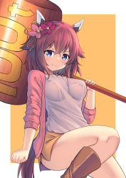 Rule 34 | 1girl, alternate costume, animal ears, blue eyes, breasts, casual, commentary request, flower, hair flower, hair ornament, hammer, highres, horse ears, horse tail, looking at viewer, medium breasts, pink hair, sakura chiyono o (umamusume), simple background, smile, solo, tail, umamusume, weapon, yuutopia