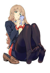 Rule 34 | 1girl, absurdres, black jacket, black skirt, brown hair, brown pantyhose, cellphone, closed mouth, copyright request, feet, foot focus, green eyes, gridman universe, highres, holding, holding phone, jacket, loafers, long hair, long sleeves, looking at phone, minami yume, miniskirt, open clothes, open jacket, pantyhose, phone, ruukii drift, school uniform, see-through, see-through legwear, shoes, unworn shoes, simple background, sitting, skirt, smartphone, soles, solo, ssss.dynazenon, thighband pantyhose, toes, vest, white background, yellow vest