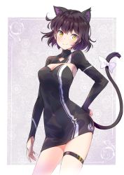 Rule 34 | 1girl, alternate costume, animal ear fluff, animal ears, black dress, black hair, blake belladonna, border, bow, breasts, cat ears, cat girl, cat tail, closed mouth, commentary, contrapposto, dress, english commentary, fang, hand on own hip, highres, iesupa, medium breasts, rwby, short dress, short hair, shrug (clothing), smile, solo, strapless, strapless dress, tail, tail bow, tail ornament, taut clothes, taut dress, thigh strap, white border, yellow eyes