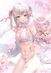 Rule 34 | 1girl, absurdres, animal, bare shoulders, bird, blush, bow, bow panties, bra, breasts, cherry blossoms, cleavage, earrings, flower, frills, garter straps, highres, jewelry, long hair, looking at viewer, medium breasts, miwabe sakura, navel, open mouth, original, panties, petals, purple eyes, scan, single thighhigh, smile, stomach, thighhighs, thighs, twintails, underwear, underwear only, white hair