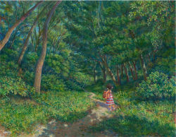 Rule 34 | 1girl, acrylic paint (medium), bag, book, carrying, carrying under arm, child, commentary request, dappled sunlight, day, dress, forest, from behind, full body, green theme, handbag, nature, original, outdoors, painting (medium), path, road, scenery, shadow, shiraishi takashi, shoes, signature, sneakers, solo, standing, striped clothes, striped dress, sunlight, traditional media, twintails, wide shot