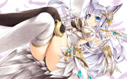 Rule 34 | 10s, 1girl, animal ears, ass, asymmetrical clothes, blue eyes, breasts, cleavage, dutch angle, feather trim, fingerless gloves, from below, gloves, granblue fantasy, hair ornament, highres, kamiya tomoe, korwa, crossed legs, looking at viewer, looking down, panties, pantyshot, paper, quill, sideboob, sitting, smile, solo, underwear, white hair