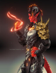 Rule 34 | 1girl, armor, artist name, baldur&#039;s gate, baldur&#039;s gate 3, black hair, black horns, breastplate, clenched hand, colored skin, demon girl, demon horns, demon tail, dungeons &amp; dragons, from side, gradient background, grin, hand on own hip, hand up, highres, horns, karlach, long hair, profile, red hair, red skin, shoulder plates, smile, solo, sunsetagain, tail, teeth, unfinished