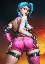 Rule 34 | 1girl, arm tattoo, ass, asymmetrical bangs, back tattoo, braid, breast tattoo, breasts, brown gloves, cloud tattoo, cowboy shot, fingerless gloves, from behind, gloves, green hair, grin, hands on own ass, jinx (league of legends), large breasts, league of legends, long hair, looking at viewer, looking back, nail polish, neck tattoo, pink nails, pink shorts, pink thighhighs, rusldraw, shiny clothes, shorts, signature, single braid, single thighhigh, skindentation, smile, tattoo, teeth, thighhighs, watermark, web address