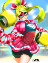 Rule 34 | 1girl, arms (game), artist name, blonde hair, boxing gloves, curvy, domino mask, female focus, highres, looking at viewer, mask, multicolored hair, nintendo, ponytail, ribbon girl (arms), shorts, skirt, smile, solo, two-tone hair, walking