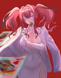 Rule 34 | 1girl, absurdres, alternate costume, azur lane, breasts, bremerton (azur lane), card, card game, dido (magicc), dress, elbow gloves, facial mark, feet out of frame, gloves, hand on own hip, heart, heart facial mark, heart tattoo, highres, holding, holding card, jacket, jacket on shoulders, jewelry, large breasts, lips, long hair, looking at viewer, mouth hold, necklace, one eye closed, purple eyes, red background, red hair, smile, solo, standing, tattoo, twintails, white dress, white gloves, white jacket