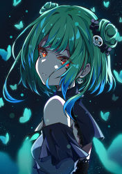 Rule 34 | 1girl, absurdres, bad id, bad pixiv id, blue dress, blue ribbon, blue sleeves, breasts, bug, butterfly, detached sleeves, double bun, dress, earrings, from side, green hair, hair bun, hair ornament, hair ribbon, highres, hololive, insect, jewelry, looking at viewer, pension z, red eyes, ribbon, short hair, skull earrings, skull hair ornament, sky, small breasts, solo, star (sky), starry sky, upper body, uruha rushia, uruha rushia (1st costume), virtual youtuber