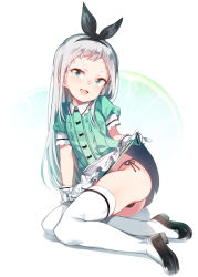 Rule 34 | 1boy, :3, :d, apron, black panties, blend s, blush, bow, bulge, center frills, clothes lift, frills, gloves, green eyes, hairband, highres, kanzaki hideri, lifted by self, long hair, looking at viewer, male focus, open mouth, panties, puffy short sleeves, puffy sleeves, sankyaku tako, short sleeves, side-tie panties, silver hair, skirt, skirt lift, smile, solo, stile uniform, thighhighs, trap, underwear, waist apron, waitress, white gloves, white thighhighs