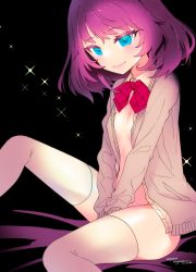 Rule 34 | 1girl, blue eyes, bottomless, breasts, cardigan, dated, detached collar, female focus, highres, kurosu tsugutoshi, open cardigan, open clothes, original, purple hair, red neckwear, signature, sitting, sleeves past wrists, small breasts, smile, solo, sparkle, thighhighs, v arms, white thighhighs