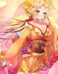 Rule 34 | 1girl, bare shoulders, blush, breasts, cleavage, dragon girl, dragon horns, facial mark, green eyes, highres, horns, japanese clothes, kanna (p&amp;d), kimono, large breasts, long hair, looking at viewer, obi, off shoulder, petals, pointy ears, puzzle &amp; dragons, rushin, sash, shawl, solo, very long hair, wide sleeves, wind