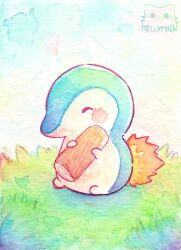 Rule 34 | animal focus, artist name, bisquii, chibi, closed eyes, commentary, creatures (company), cyndaquil, fire, game freak, gen 2 pokemon, holding, log, nintendo, no mouth, painting (medium), pokemon, pokemon (creature), sitting, traditional media, watercolor (medium)