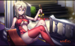 Rule 34 | 10s, 1girl, bare shoulders, blonde hair, blue eyes, breasts, chaos dragon, clothing cutout, hk (hk), lens flare, lou zhenhua, navel cutout, qisha tianling, red thighhighs, revealing clothes, single thighhigh, sitting, solo, sword, thighhighs, underboob, weapon