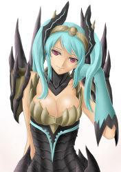 Rule 34 | 1girl, alatreon, alatreon (armor), armor, breasts, capcom, cleavage, dragon girl, head tilt, highres, horns, large breasts, looking at viewer, monster hunter, monster hunter (series), monster hunter 3, oni-noboru, personification, simple background, smile, solo, spikes, upper body, white background, wings