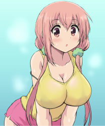 Rule 34 | 10s, 1girl, bad id, bad pixiv id, bare shoulders, blush, breasts, cleavage, dolphin shorts, hinako note, large breasts, leaning forward, long hair, looking at viewer, open mouth, pink eyes, pink hair, sakuragi hinako, scrunchie, short shorts, shorts, solo, sweat, tank top, tawamure, twintails