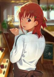 Rule 34 | 1girl, ahoge, apron, blurry, blush, booth seating, cake, clover hair ornament, dated, depth of field, door, food, from behind, hair ornament, hair ribbon, hairclip, looking at viewer, love live!, love live! sunshine!!, one eye closed, orange hair, plant, poligon (046), potted plant, red eyes, ribbon, sign, signature, smile, solo, takami chika, tray, waitress, wooden floor