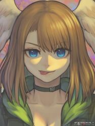 Rule 34 | 1girl, black jacket, blue eyes, breasts, brown hair, cleavage, closed mouth, collarbone, commentary, eunie (xenoblade), feathered wings, gofelem, head wings, hood, hood down, hooded jacket, jacket, licking lips, looking at viewer, medium breasts, parted bangs, smile, solo, thick eyebrows, tongue, tongue out, upper body, v-shaped eyebrows, watermark, web address, white wings, wings, xenoblade chronicles (series), xenoblade chronicles 3