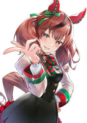 Rule 34 | 1girl, animal ears, black dress, blush, bow, brown hair, buttons, commentary, double-breasted, dress, ear bow, ear covers, green bow, grey eyes, grin, hand on own hip, highres, horse ears, horse girl, horse tail, juliet sleeves, long sleeves, looking at viewer, multicolored hair, nabe puyo, nice nature (umamusume), puffy sleeves, red hair, short hair, simple background, smile, solo, streaked hair, striped, striped bow, tail, twintails, umamusume, white background