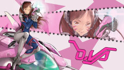 Rule 34 | 1girl, armor, artist name, ass, bodysuit, boots, breasts, brown eyes, brown hair, d.va (overwatch), facebook, facial mark, female focus, full body, game, gloves, gun, handgun, headphones, highres, holding, holding gun, holding weapon, long hair, looking at viewer, mecha, mirco gravina, overwatch, overwatch 1, patreon, pilot suit, robot, sitting, small breasts, smile, solo, sparkle, swept bangs, thigh boots, thighhighs, wallpaper, watermark, weapon, web address, white footwear, white gloves