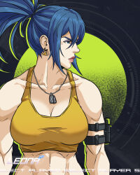 Rule 34 | 1girl, abs, armlet, blue eyes, blue hair, breasts, character name, character select, collarbone, dog tags, earrings, highres, jewelry, jhony caballero, large breasts, leona heidern, medium breasts, midriff, muscular, muscular female, navel, ponytail, sleeveless, solo, tank top, the king of fighters, the king of fighters xv, triangle earrings, yellow tank top