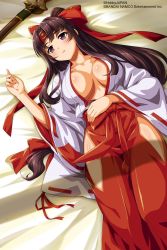 Rule 34 | 1girl, black hair, blush, bow, breasts, breasts out, collarbone, hair bow, hair ribbon, hakama, hakama skirt, headband, highres, hip vent, japanese clothes, large breasts, long hair, long sleeves, low-tied long hair, miko, no bra, official art, open clothes, parted bangs, parted lips, ponytail, purple eyes, queen&#039;s blade, queen&#039;s blade unlimited, queen&#039;s blade white triangle, red hakama, ribbon, ribbon-trimmed sleeves, ribbon trim, sidelocks, skirt, solo, sword, tomoe (queen&#039;s blade), tomoe (queen&#039;s blade unlimited), weapon