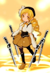 Rule 34 | 10s, 1girl, beret, blonde hair, boots, breasts, corset, detached sleeves, drill hair, gun, hair ornament, hat, kyouyuu, magical girl, magical musket, mahou shoujo madoka magica, mahou shoujo madoka magica (anime), miwakunomeron, pleated skirt, puffy sleeves, rifle, shirt, skirt, smile, solo, taut clothes, taut shirt, thighhighs, tomoe mami, weapon, yellow eyes
