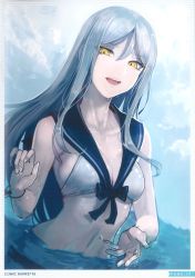 Rule 34 | 1girl, :d, absurdres, abyssal ship, blue sky, blush, breasts, cleavage, cloud, collarbone, day, eyes visible through hair, grey hair, hair between eyes, half-closed eyes, hand up, highres, kantai collection, long hair, medium breasts, navel, open mouth, outdoors, pale skin, partially submerged, sailor bikini, sailor collar, scan, sky, smile, stomach, swimsuit, ta-class battleship, wading, walzrj, water drop, wet, wristband, yellow eyes