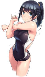 Rule 34 | 1girl, back cutout, backlighting, black hair, black one-piece swimsuit, blue eyes, breasts, clothing cutout, competition swimsuit, covered navel, cowboy shot, crossed arms, hands up, highres, long hair, looking at viewer, medium breasts, one-piece swimsuit, one-piece tan, original, ponytail, shimazu tekkou, shiny clothes, shiny skin, sidelocks, simple background, smile, solo, swimsuit, tan, tanline, water drop