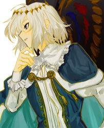 Rule 34 | 1boy, ahoge, blue cape, blue eyes, blue vest, butterfly wings, cape, commentary request, crown, fate/grand order, fate (series), finger to own chin, frilled sleeves, frills, fur-trimmed cape, fur trim, gold trim, grin, half-closed eyes, hand on own chin, highres, insect wings, juliet sleeves, long sleeves, looking to the side, male focus, medium hair, oberon (fate), oberon (first ascension) (fate), profile, puffy sleeves, shirt, simple background, smile, solo, stroking own chin, syakegaumai, upper body, vest, white background, white hair, white shirt, wings