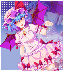 Rule 34 | 1girl, blue hair, female focus, frills, highres, looking at viewer, n-mix, red eyes, remilia scarlet, short hair, smile, solo, touhou, wings, zoom layer