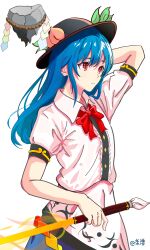 Rule 34 | 1girl, arm behind head, black headwear, blue hair, bow, bowtie, center frills, closed mouth, collared shirt, commentary request, frills, highres, hinanawi tenshi, holding, holding sword, holding weapon, kagurachiriri, keystone, leaf hat ornament, long hair, peach hat ornament, rainbow order, red bow, red bowtie, red eyes, shirt, short sleeves, sidelocks, signature, simple background, solo, sword, sword of hisou, touhou, variant set, weapon, white background, white shirt