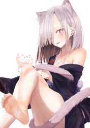 Rule 34 | 1girl, absurdres, animal ears, bare shoulders, barefoot, blush, breasts, cat, cat ears, cleavage, fang, feet, hair over one eye, highres, japanese clothes, purple eyes, long hair, looking at viewer, medium breasts, open mouth, purple hair, sitting, smile, soles, solo, tail, toes