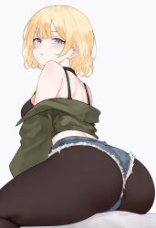 Rule 34 | 1girl, absurdres, alternate costume, ass, ass focus, bed sheet, black choker, black pantyhose, black shirt, blonde hair, blue eyes, blue shorts, bluefield, breasts, choker, cropped jacket, cutoffs, denim, denim shorts, from below, green jacket, highres, hololive, hololive english, jacket, long sleeves, looking at viewer, medium breasts, micro shorts, off shoulder, pantyhose, pantyhose under shorts, parted lips, puffy long sleeves, puffy sleeves, shirt, short hair, shorts, simple background, sitting, sleeveless, sleeveless shirt, solo, teeth, thighs, virtual youtuber, watson amelia, white background