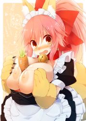Rule 34 | 1girl, animal ears, animal hands, bell, between breasts, blush, breasts, breasts squeezed together, brown eyes, carrot, cat ears, cat girl, cat tail, cleavage, collar, fangs, fate/grand order, fate (series), female focus, fox ears, fox tail, huge breasts, kurikara, large breasts, long hair, looking at viewer, maid, neck bell, nipples, pink hair, solo, suggestive fluid, tail, tamamo (fate), tamamo cat (fate), tamamo cat (second ascension) (fate), tamamo no mae (fate/extra), text focus, wavy mouth