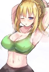 Rule 34 | 1girl, armpits, arms behind head, bare shoulders, blonde hair, breasts, cleavage, exercising, exhusted, highres, large breasts, long hair, motion lines, navel, neptune (series), nepunieiji375, one eye closed, open mouth, ponytail, purple eyes, sports bra, stomach, sweat, track suit, trousers, vert (neptunia), very long hair, vvvtune, wink