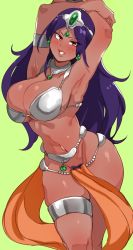 Rule 34 | 1girl, armlet, armor, armpits, bare shoulders, bikini armor, bracelet, breasts, cleavage, closed mouth, collarbone, dark skin, dark-skinned female, dragon quest, dragon quest iv, earrings, female focus, female pubic hair, fingernails, groin, highres, jewelry, large breasts, lightsource, loincloth, long hair, looking at viewer, manya (dq4), midriff, navel, pubic hair, purple hair, red eyes, simple background, smile, solo, straight hair, very long hair, wide hips