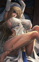 Rule 34 | 1girl, anklet, arms up, asymmetrical bangs, blindfold, blonde hair, blush, breasts, breasts apart, covered erect nipples, covered eyes, dress, elbow gloves, gloves, goblin slayer!, gold trim, habit, jewelry, large breasts, lexaiduer, long hair, necklace, open mouth, pelvic curtain, sitting, solo, sword maiden, thighs, tongue, tongue out, very long hair, wavy hair, white dress, white gloves