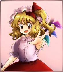 Rule 34 | 1980s (style), bad id, bad twitter id, blonde hair, bow, collared shirt, crystal, embodiment of scarlet devil, fang, flandre scarlet, hair bow, hat, highres, laevatein (touhou), medium hair, mob cap, oldschool, open mouth, puffy short sleeves, puffy sleeves, red bow, red eyes, red skirt, retro artstyle, shirt, short sleeves, side ponytail, skirt, takemoto izumi (style), touhou, wavy hair, white hat, white shirt, wings, yatyou