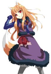 Rule 34 | 00s, animal ears, blush, brown hair, dress, grune, highres, holo, long hair, red eyes, simple background, skirt, solo, spice and wolf, tail, wolf ears, wolf tail