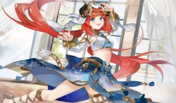 Rule 34 | 1girl, arm up, armpit cutout, blue eyes, blue nails, blue skirt, breasts, clothing cutout, crop top, curtains, dancer, dancing, fake horns, floating hair, genshin impact, gladiator sandals, harem outfit, highres, horns, indoors, long hair, long sleeves, low twintails, midriff, nail polish, nilou (genshin impact), official art, open mouth, red hair, sandals, skirt, small breasts, smile, solo, soraneko hino, stomach, teeth, thighlet, twintails, upper teeth only, veil, very long hair, window