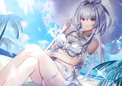 Rule 34 | 1girl, beach, bikini, cloud, collarbone, commentary request, crossed legs, day, dutch angle, fate/grand order, fate (series), frilled swimsuit, frills, gakuon (gakuto), garter belt, holding, holding umbrella, lady avalon (fate), lady avalon (second ascension) (fate), merlin (fate/prototype), navel, ocean, parasol, red eyes, sitting, smile, solo, swimsuit, umbrella, white bikini, white hair